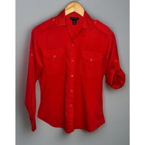Vtg Taxi Field Shirt - Button Tab Roll Sleeve Flap Pockets - Red Top - Sz M